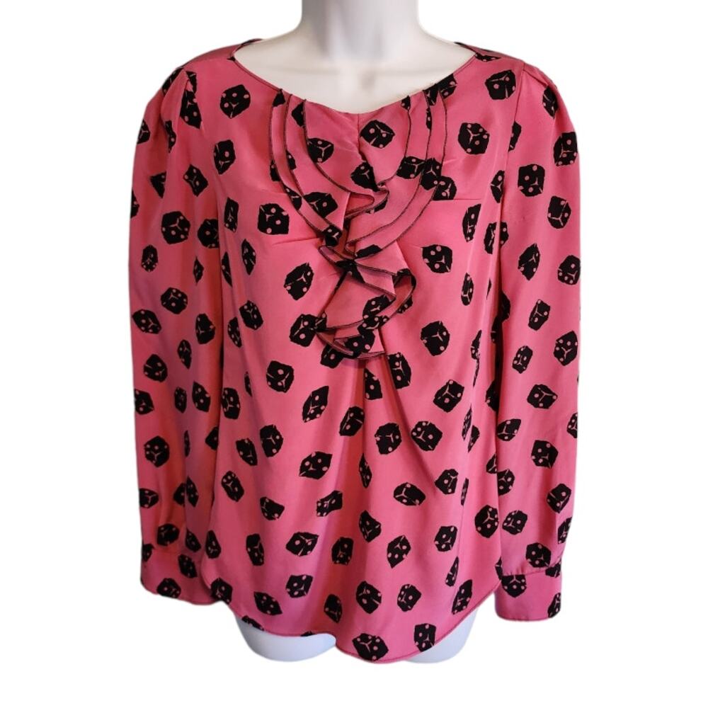 Moschino Pink Silk Dice Print Ruffled Blouse Size 8
